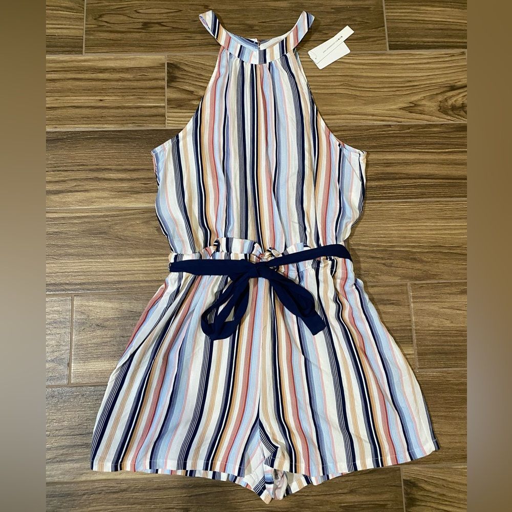 Joe Benbasset Multi-Stripe Halter Shorts Romper with Navy Tie XL NWT